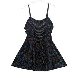 Cosmic Aura Black Velvet Rainbow Sparkle Mini Dress Ruched Y2K Occasion Size M